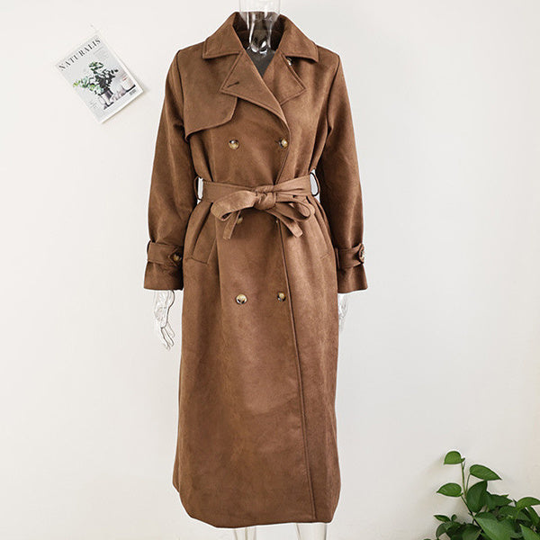 Manteau à Revers Double Boutonnage avec Ceinture - Mode Vintage - Manteau Long en Daim pour Femme.