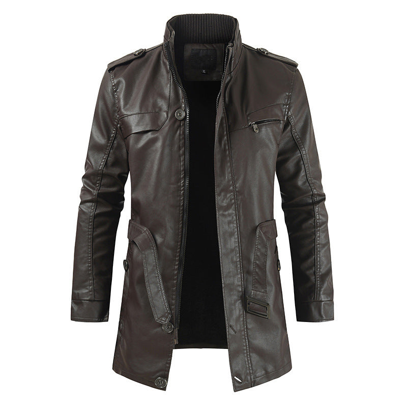 Veste longue en similicuir pour homme, style moderne et col montant.