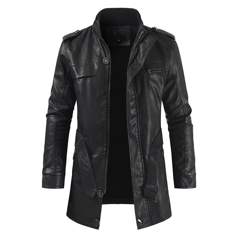 Veste longue en similicuir pour homme, style moderne et col montant.