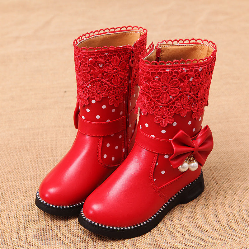 Bottes mi-hautes pour filles avec dentelle florale et nœud perlé - Élégance et confort