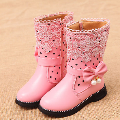 Bottes mi-hautes pour filles avec dentelle florale et nœud perlé - Élégance et confort