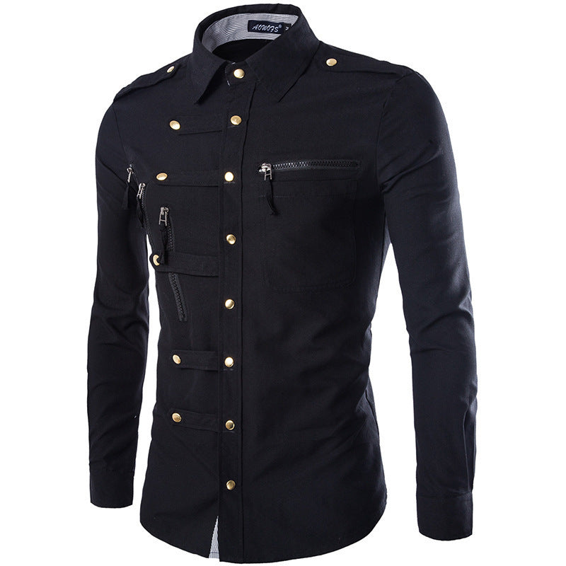 Chemise militaire à manches longues avec poches zippées - Style audacieux et élégant.