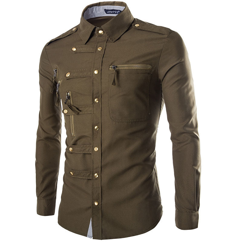 Chemise militaire à manches longues avec poches zippées - Style audacieux et élégant.