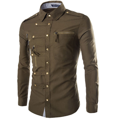 Chemise militaire à manches longues avec poches zippées - Style audacieux et élégant.