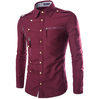 Chemise militaire à manches longues avec poches zippées - Style audacieux et élégant.