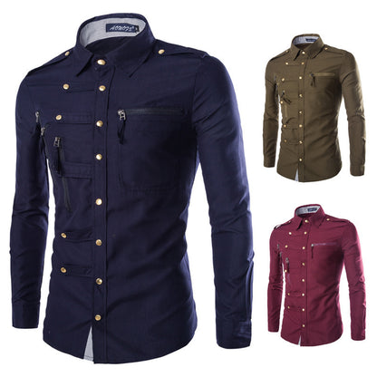 Chemise militaire à manches longues avec poches zippées - Style audacieux et élégant.