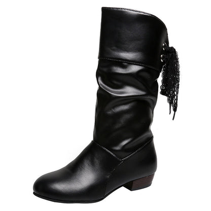 Bottes Mi-Mollet en Simili Cuir avec Détail Lacé pour Femme.