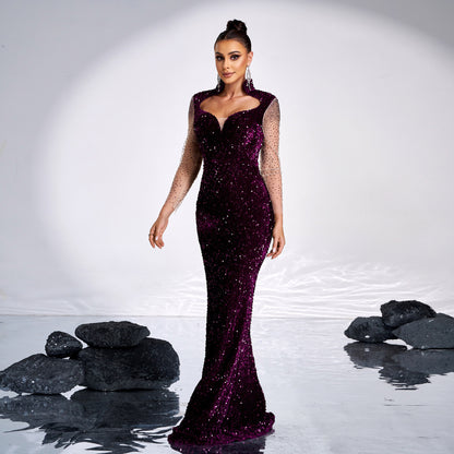 Robe longue sirène à sequins avec manches en tulle transparent - Violet.