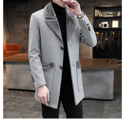 Manteau Long en Laine à Col Doublé en Fausse Fourrure pour Homme.