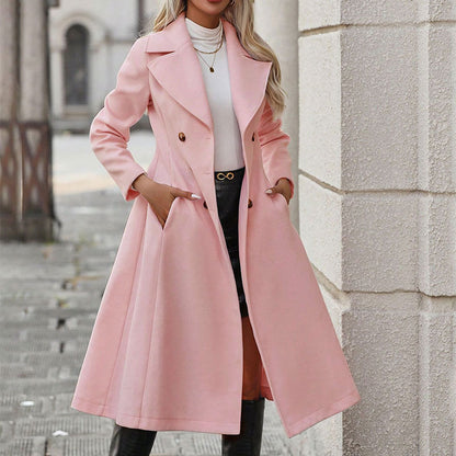 Manteau Long Élégant à Double Boutonnage - Couleur Rose.