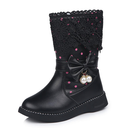 Bottes mi-hautes pour filles avec dentelle florale et nœud perlé - Élégance et confort