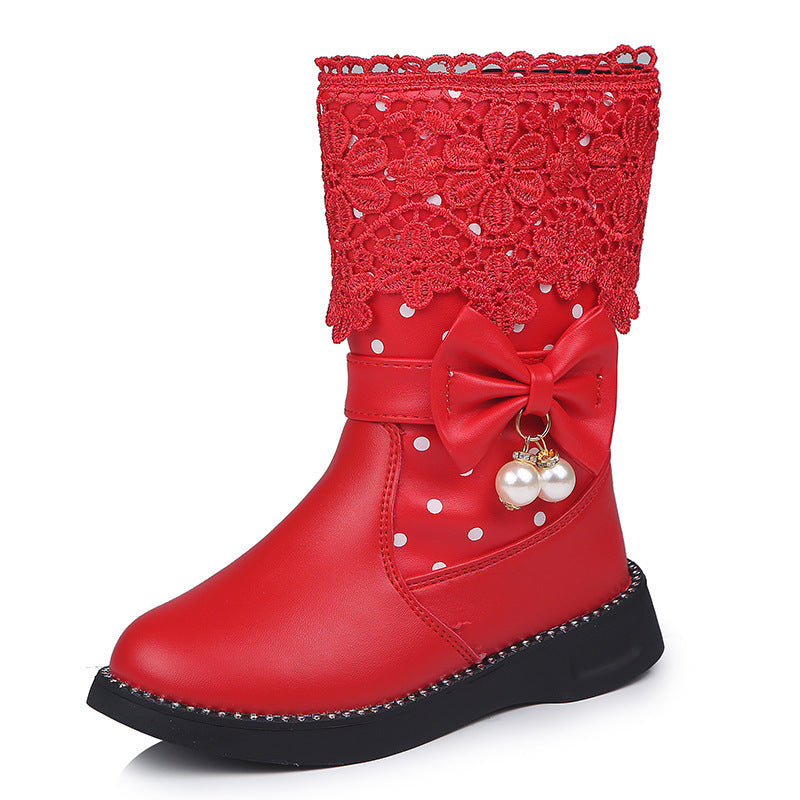 Bottes mi-hautes pour filles avec dentelle florale et nœud perlé - Élégance et confort