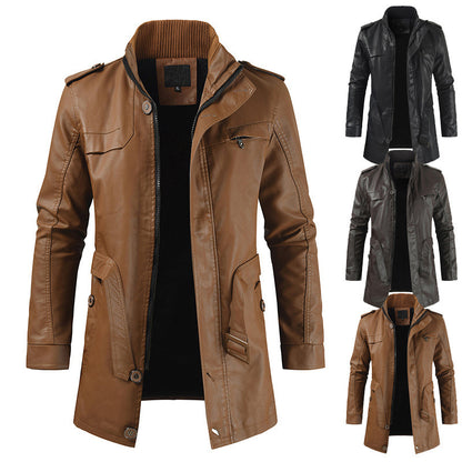 Veste longue en similicuir pour homme, style moderne et col montant.