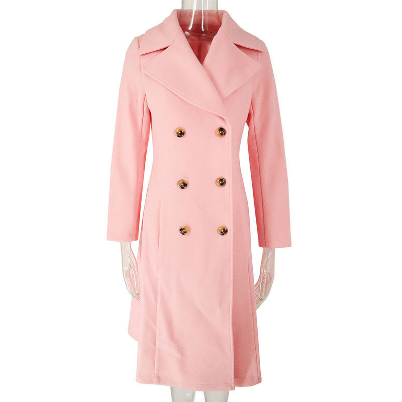 Manteau Long Élégant à Double Boutonnage - Couleur Rose.