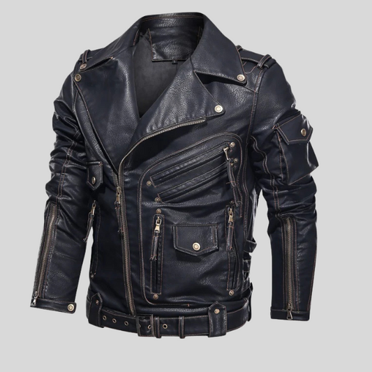 Veste en cuir noir biker pour homme.