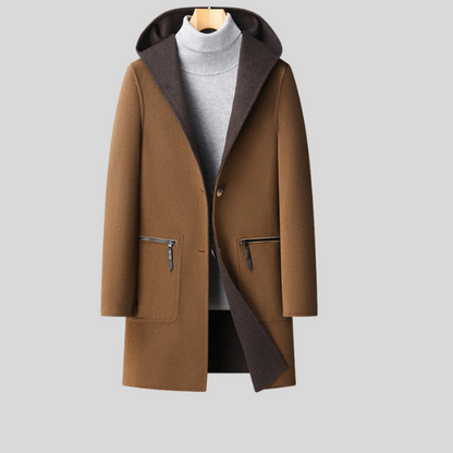 Manteau élégant en laine avec capuche pour homme.