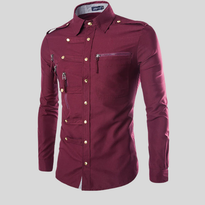 Chemise militaire à manches longues avec poches zippées - Style audacieux et élégant.