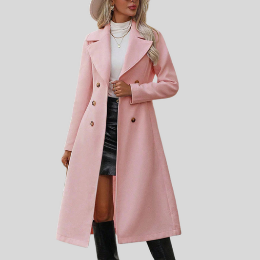 Manteau Long Élégant à Double Boutonnage - Couleur Rose.