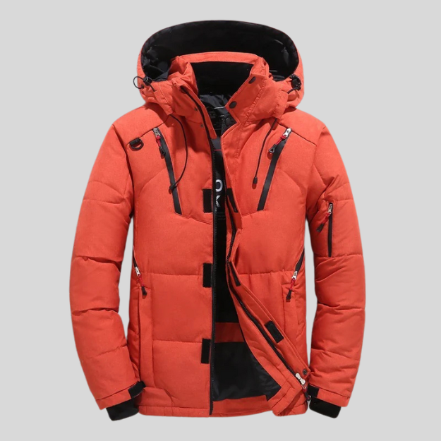 Veste d’Hiver Ultra-Chaud en Orange avec Capuche Amovible.