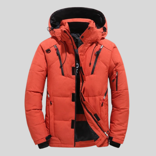 Veste d’Hiver Ultra-Chaud en Orange avec Capuche Amovible.