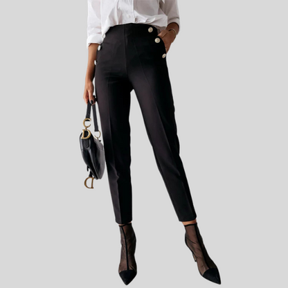 Pantalon Tailleur Chic pour Femme – Taille Haute avec Détails Dorés.