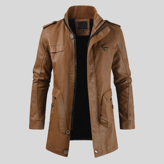 Veste longue en similicuir pour homme, style moderne et col montant.