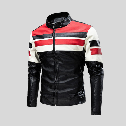 Blouson en cuir noir avec bandes sportives rouges et blanches.