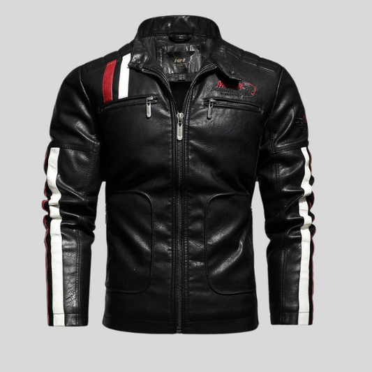 Blouson en cuir noir avec bandes verticales blanches et rouges.