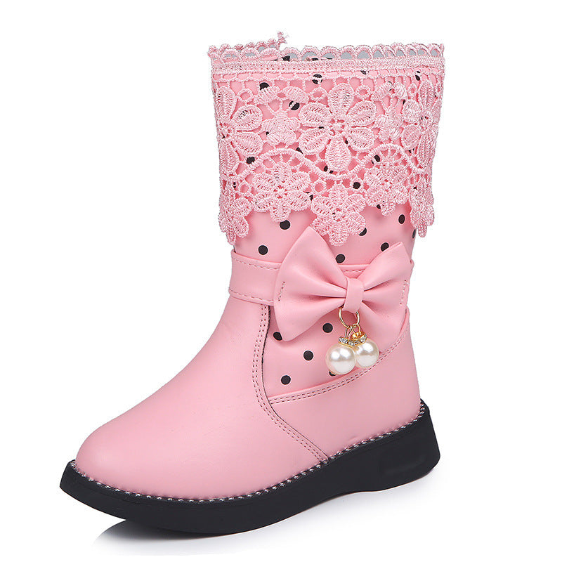 Bottes mi-hautes pour filles avec dentelle florale et nœud perlé - Élégance et confort