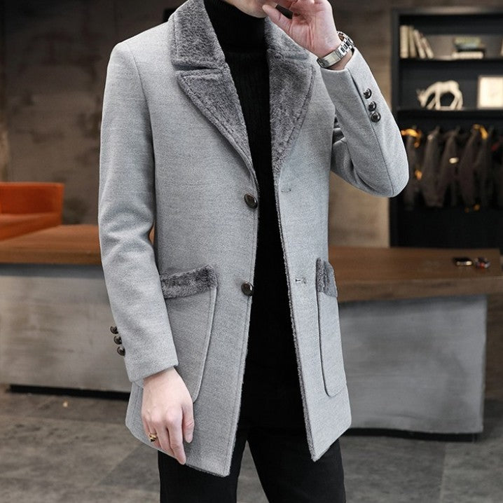 Manteau Long en Laine à Col Doublé en Fausse Fourrure pour Homme.