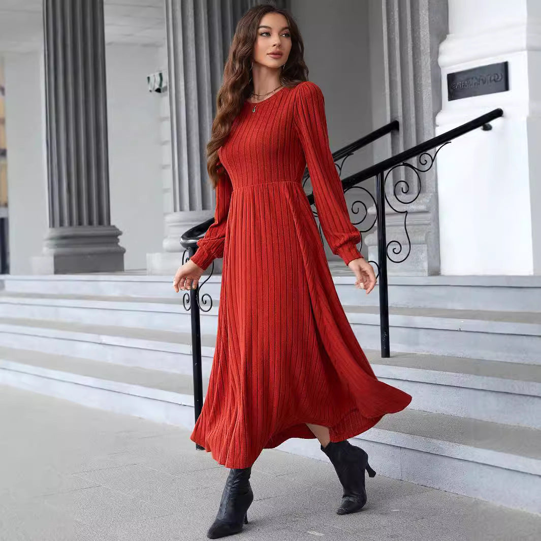 Robe Longue en Maille Plissée Orange Élégante à Manches Longues.