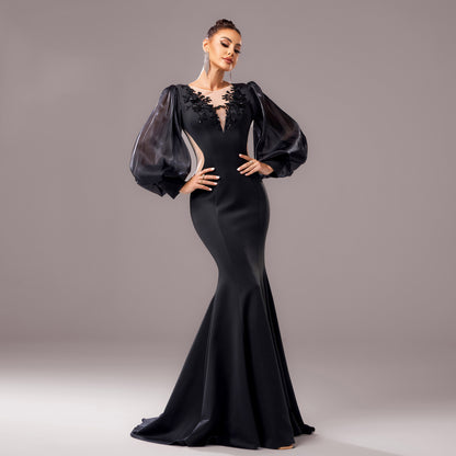 Robe de Soirée Sirène Noire avec Manches Bouffantes en Organza.