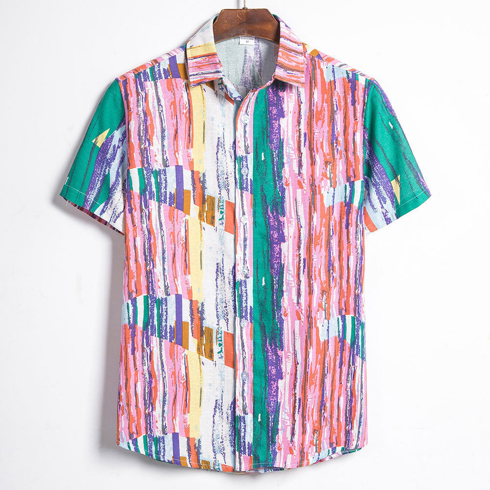 Chemise imprimée artistique à manches courtes pour homme - Style moderne et décontracté.