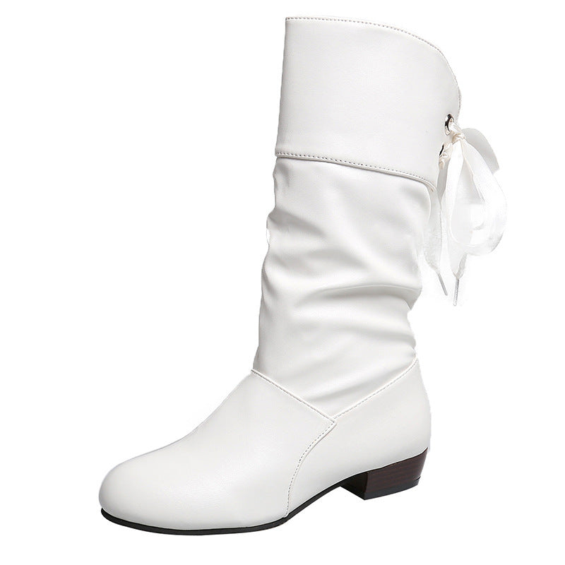 Bottes Mi-Mollet en Simili Cuir avec Détail Lacé pour Femme.