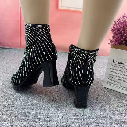 Bottines Élégantes en Velours Noir avec Strass Étincelants