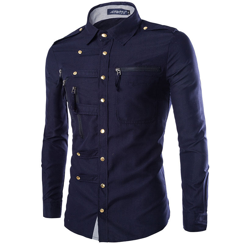 Chemise militaire à manches longues avec poches zippées - Style audacieux et élégant.