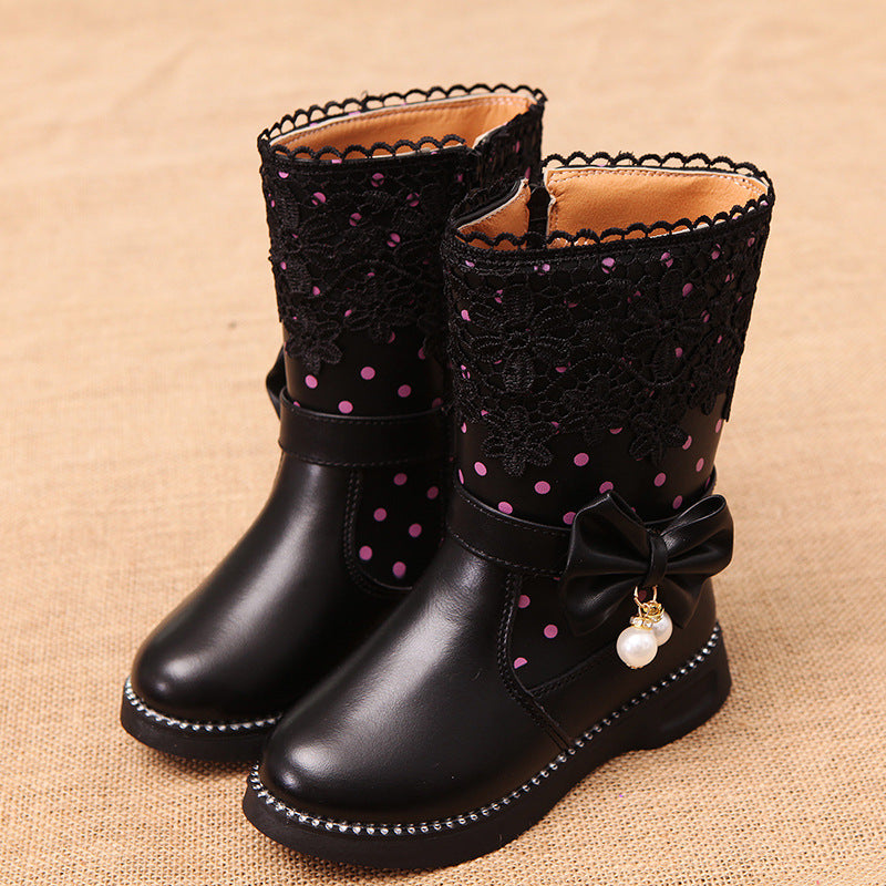 Bottes mi-hautes pour filles avec dentelle florale et nœud perlé - Élégance et confort