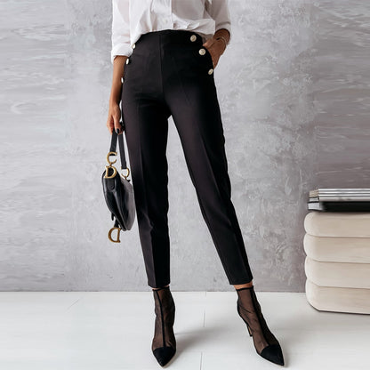 Pantalon Tailleur Chic pour Femme – Taille Haute avec Détails Dorés.