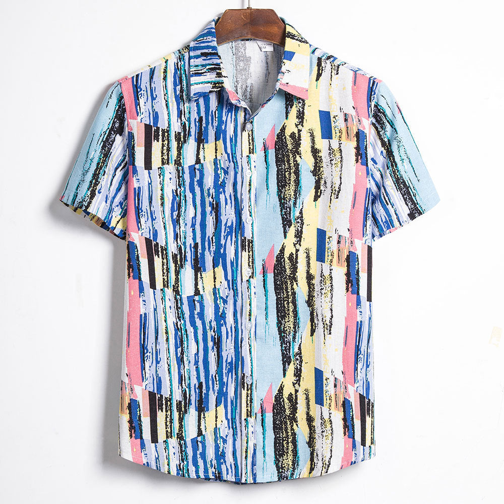 Chemise imprimée artistique à manches courtes pour homme - Style moderne et décontracté.